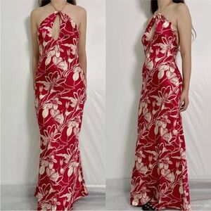 Chic Floral Halter Maxi Dress in Red and Cream